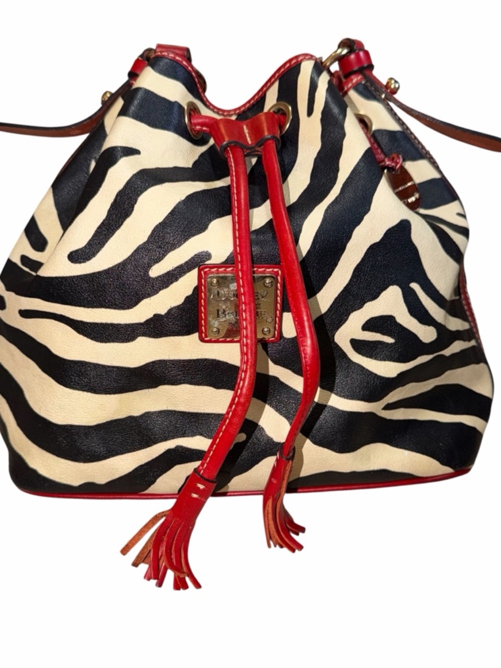 REHAB Dooney & Bourke Red Trim Zebra-Print Drawstring Bucket Bag - Picture 3 of 14